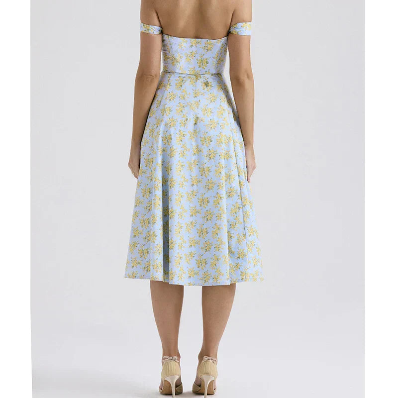Dress for Women – Midi Length – Fitted Bodice – Floral Print – Side Slit