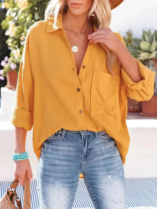 Women's Blouse – Relaxed Fit – Crinkled Texture – Long Sleeves with Button Placket