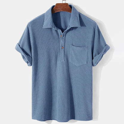 Men's Shirt Polo – Textured Waffle Knit – Chest Pocket – Short Sleeves – Casual Fit