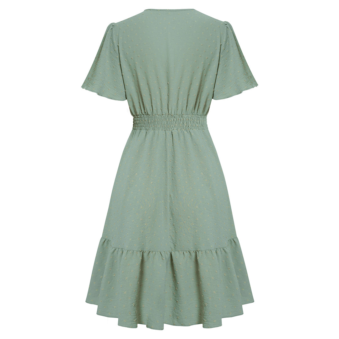 Women's Dress - A-line Cut - V-neck - Short Flutter Sleeves - Elegant Empire Waist