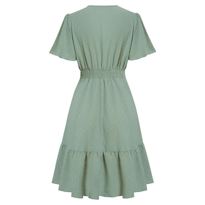 Women's Dress - A-line Cut - V-neck - Short Flutter Sleeves - Elegant Empire Waist