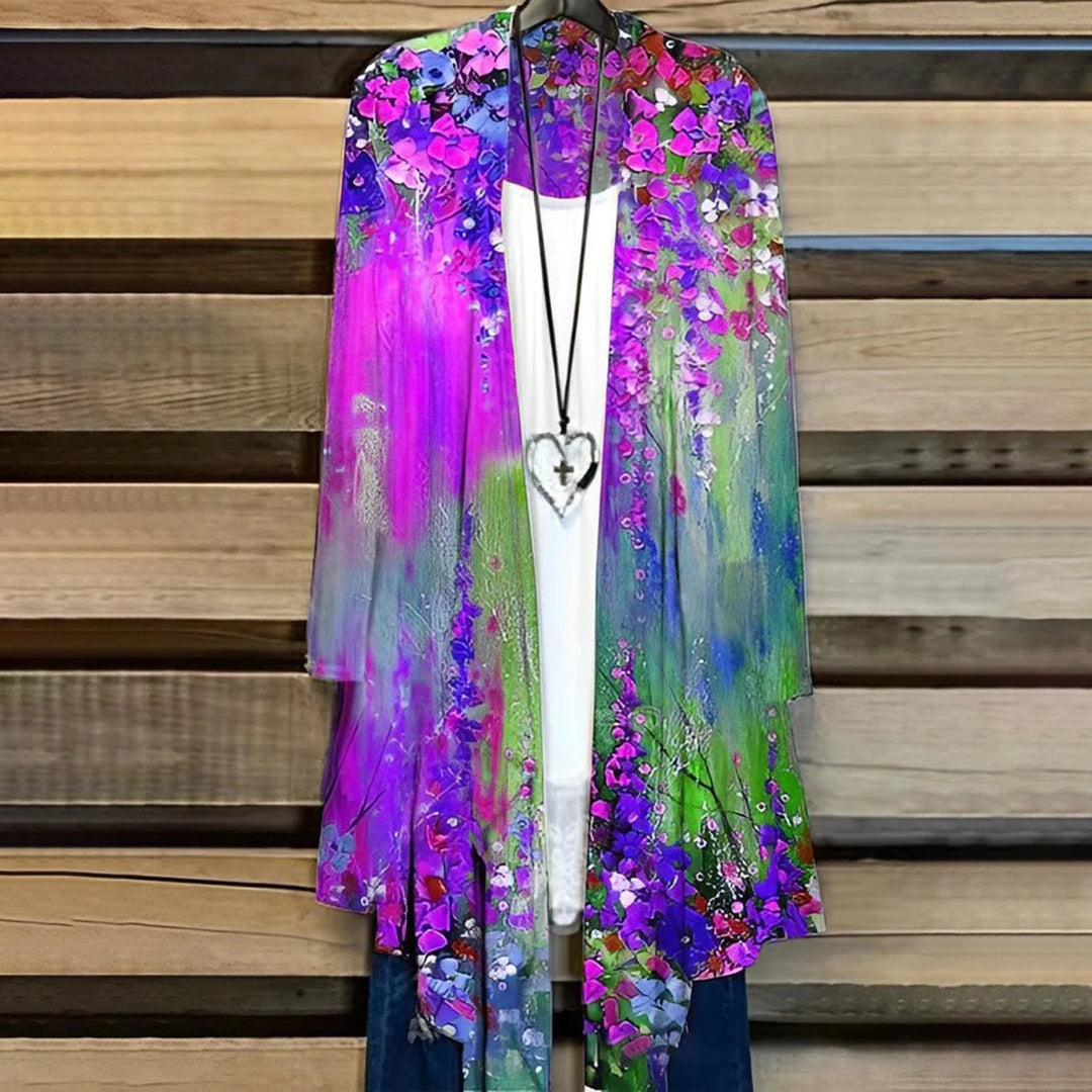 Dame Kimono-Cardigan – Åpen Front – Lett og Luftig – Blomstrete Mønster