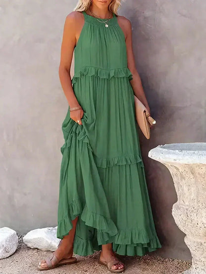 Dress for Women – Maxi Length – Halterneck – Ruffle Details – Light Cotton – Loose Fit