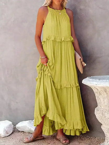 Dress for Women – Maxi Length – Halterneck – Ruffle Details – Light Cotton – Loose Fit