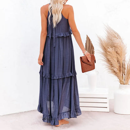Dress for Women – Maxi Length – Halterneck – Ruffle Details – Light Cotton – Loose Fit