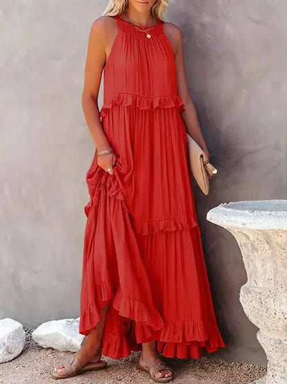 Dress for Women – Maxi Length – Halterneck – Ruffle Details – Light Cotton – Loose Fit