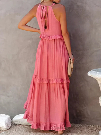 Dress for Women – Maxi Length – Halterneck – Ruffle Details – Light Cotton – Loose Fit