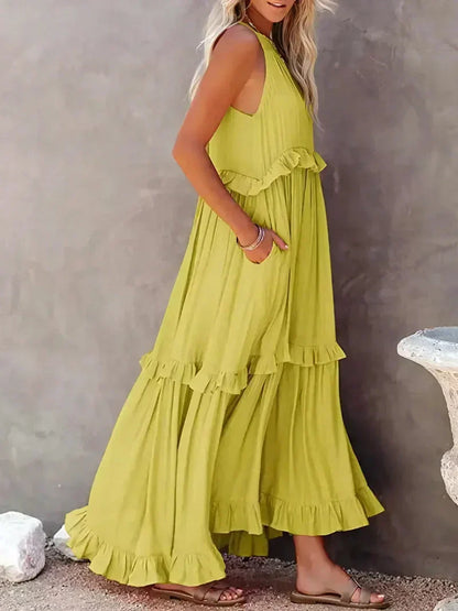 Dress for Women – Maxi Length – Halterneck – Ruffle Details – Light Cotton – Loose Fit