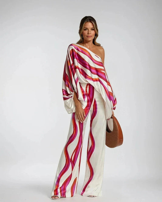 Women's Set with Blouse and Pants – Silk – Loose Fit – One Shoulder – Wide Legs