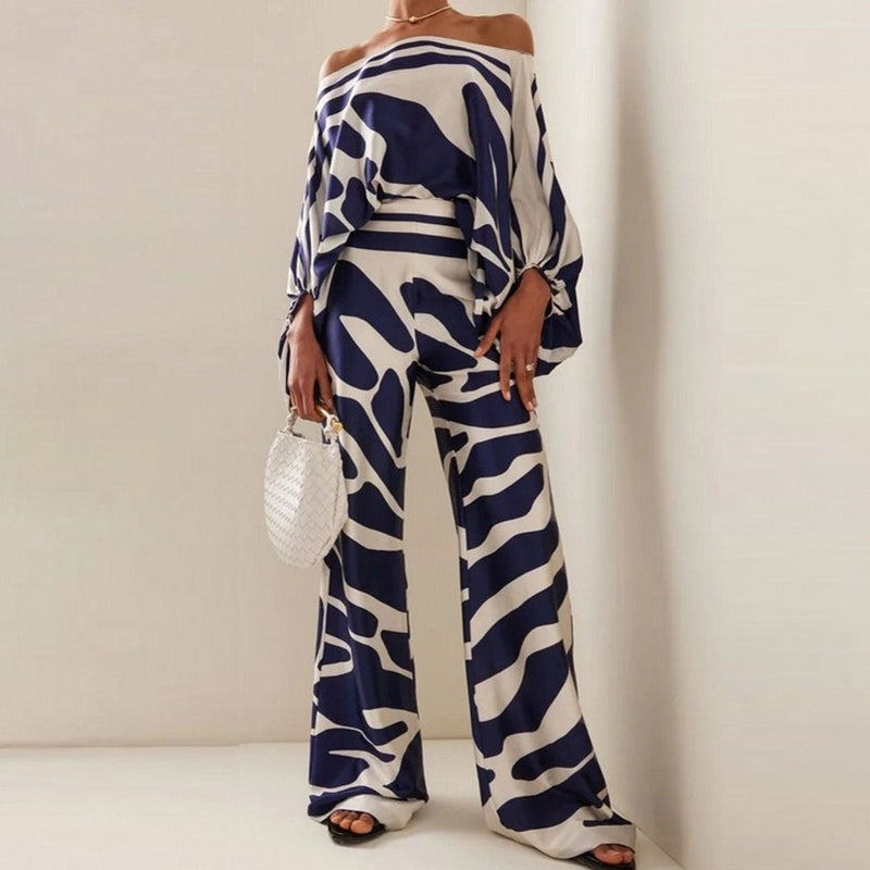 Women's Set with Blouse and Pants – Silk – Loose Fit – One Shoulder – Wide Legs