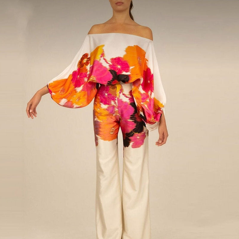Women's Set with Blouse and Pants – Silk – Loose Fit – One Shoulder – Wide Legs