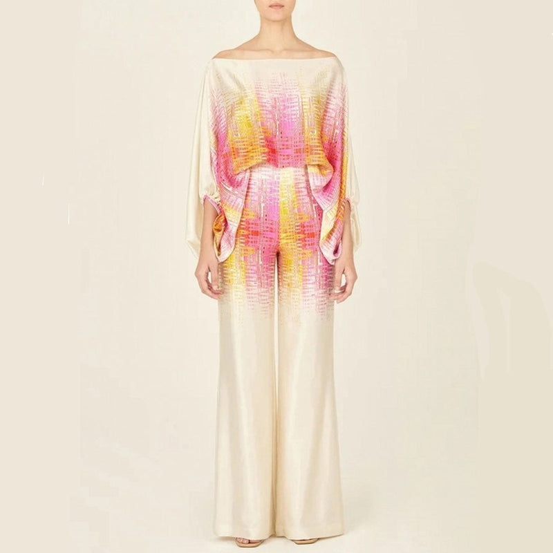 Women's Set with Blouse and Pants – Silk – Loose Fit – One Shoulder – Wide Legs