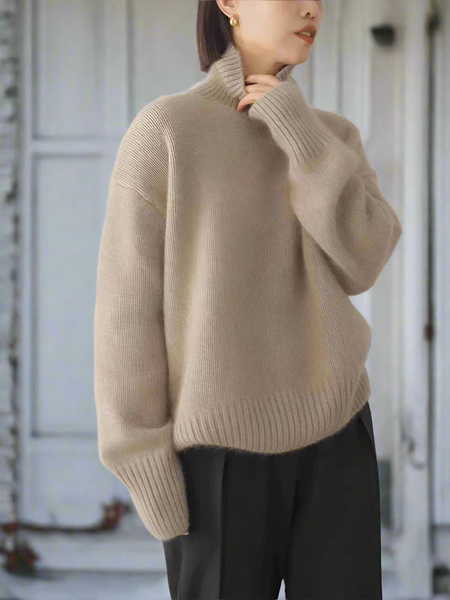 Women's High-Neck Sweater - Wool Blend - Oversized Fit - Soft Knitted Comfort