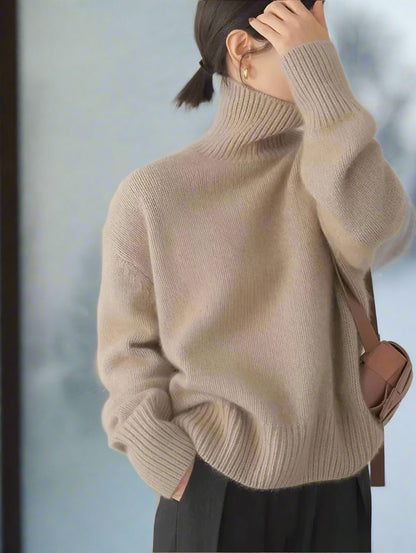 Women's High-Neck Sweater - Wool Blend - Oversized Fit - Soft Knitted Comfort