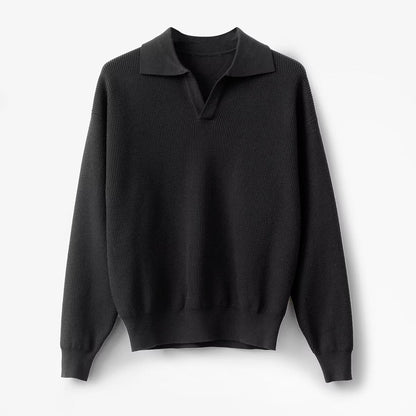 Men's Sweater – Polo Collar – Relaxed Fit – Knitted Wool – Long Sleeves Ribbed Edges