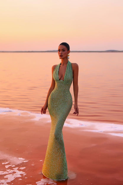 Dress for Women – Slim Fit – Halterneck – Open Back – Glittering Decorative Details
