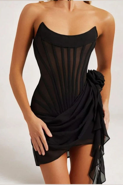 Dress for Women – Mini – Strapless – Sheer Fabric – Draped – Boned Bodice