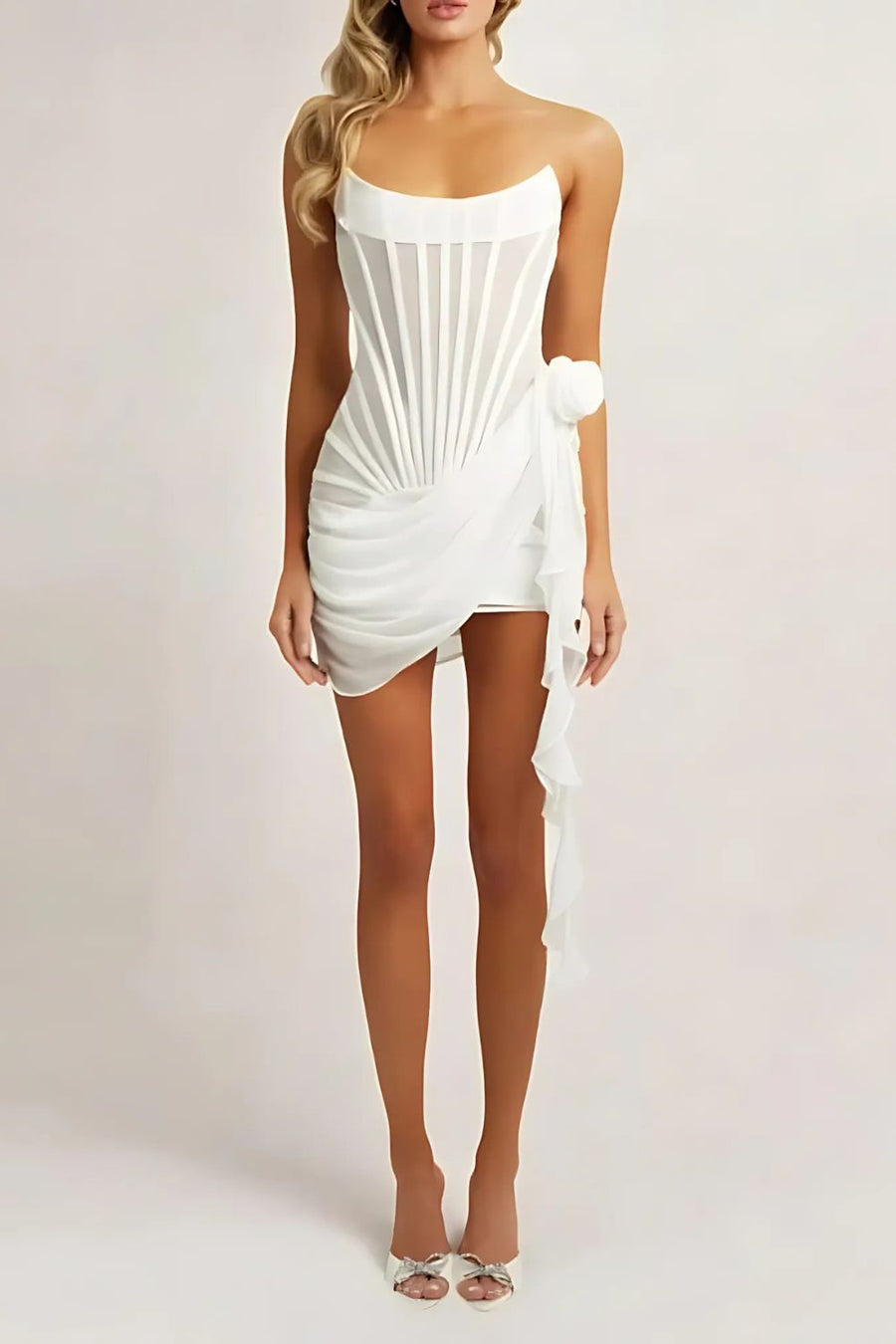 Dress for Women – Mini – Strapless – Sheer Fabric – Draped – Boned Bodice