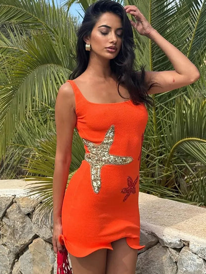 Dress for Women – Mini Dress – Tight Fit – Sleeveless – Star Decoration – Wavy Hem