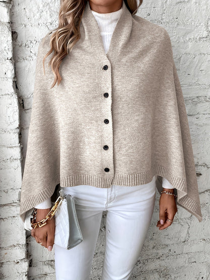 Women's Poncho – Soft Knit – Loose Fit – Button Opening – Ribbed Edges