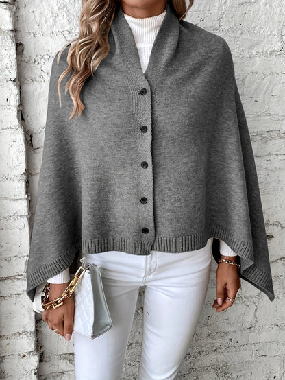Women's Poncho – Soft Knit – Loose Fit – Button Opening – Ribbed Edges