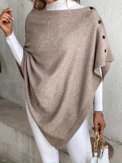 Women's Poncho – Soft Knit – Loose Fit – Button Opening – Ribbed Edges