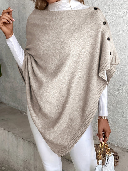 Women's Poncho – Soft Knit – Loose Fit – Button Opening – Ribbed Edges