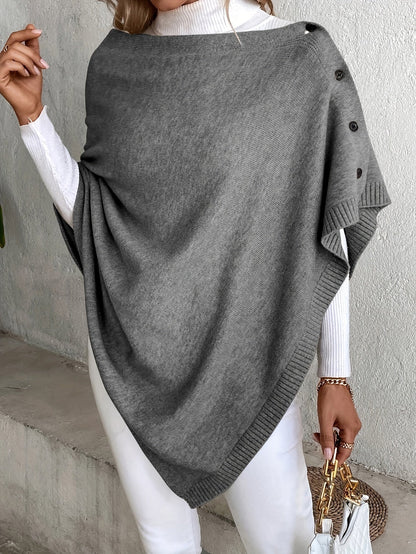 Women's Poncho – Soft Knit – Loose Fit – Button Opening – Ribbed Edges