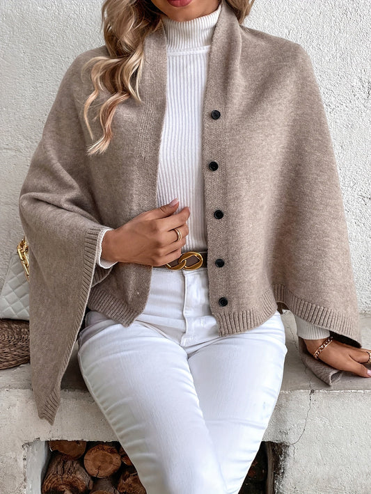Women's Poncho – Soft Knit – Loose Fit – Button Opening – Ribbed Edges