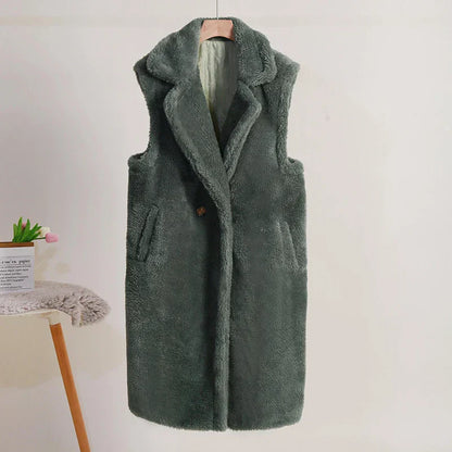 Women's Teddy Vest – Sleeveless – Oversized Fit – Plush Texture – Mid-Length – Large Lapels