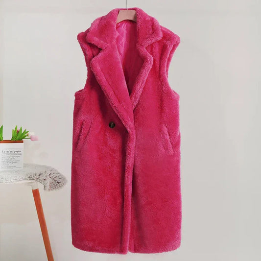 Women's Teddy Coat – Oversized Fit – Sleeveless – Soft Texture – Mid-Length