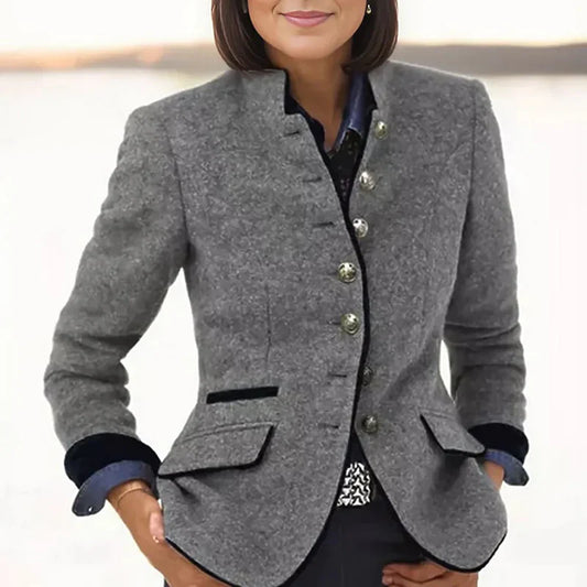 Women's Blazer – Tailored Wool Blend – Stand Collar – Single-Breasted – Flap Pockets