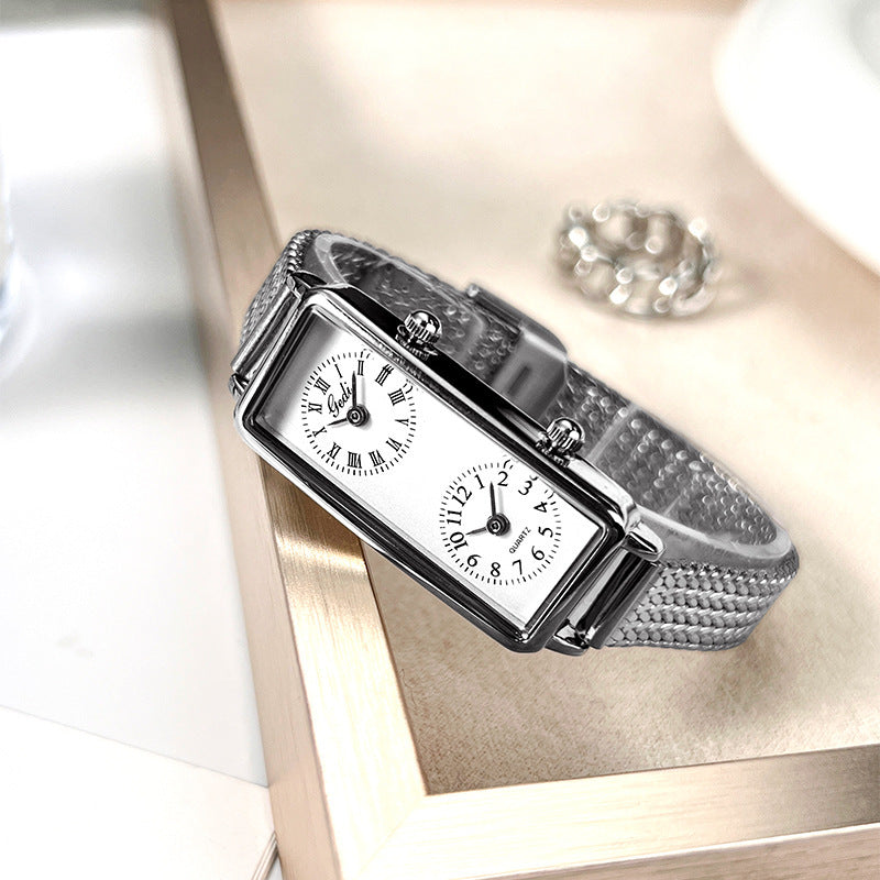 Aurora Rectangular Dual Time Wristwatch | Mesh Band Wristwatch