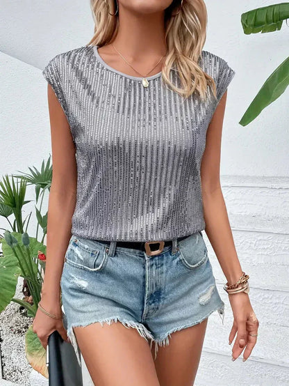 Women's Blouse – Relaxed Fit – Sequins – Luxurious Fabric – Short Sleeves
