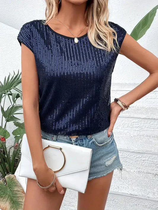 Women's Blouse – Relaxed Fit – Sequins – Luxurious Fabric – Short Sleeves