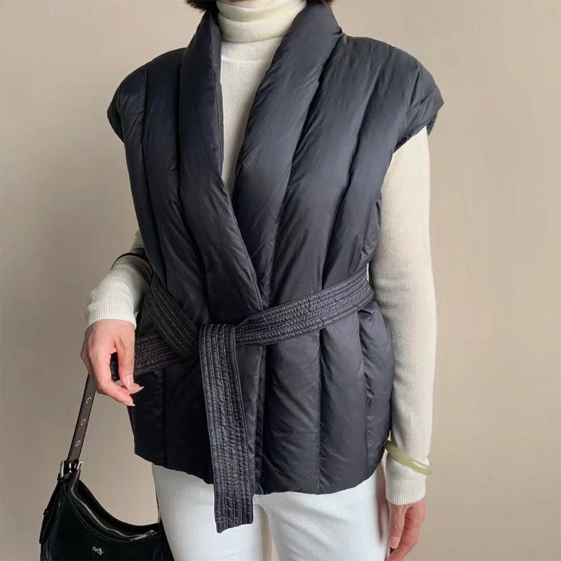 Valentina Belted Puffer Vest | Wrap Front Quilted Vest