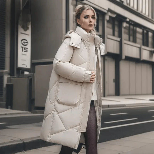 Women’s Coat - Quilted Fabric - Oversized Fit - Hooded - Adjustable Cuffs - Maxi Length