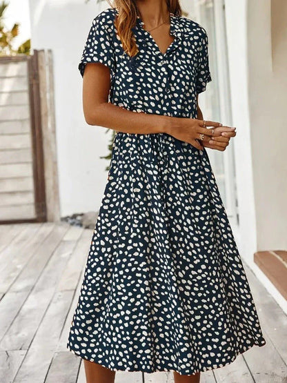 Women's midi dress – relaxed fit – breathable fabric – button placket – short sleeve