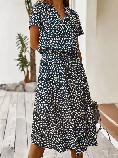 Women's midi dress – relaxed fit – breathable fabric – button placket – short sleeve