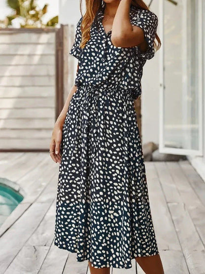 Women's midi dress – relaxed fit – breathable fabric – button placket – short sleeve