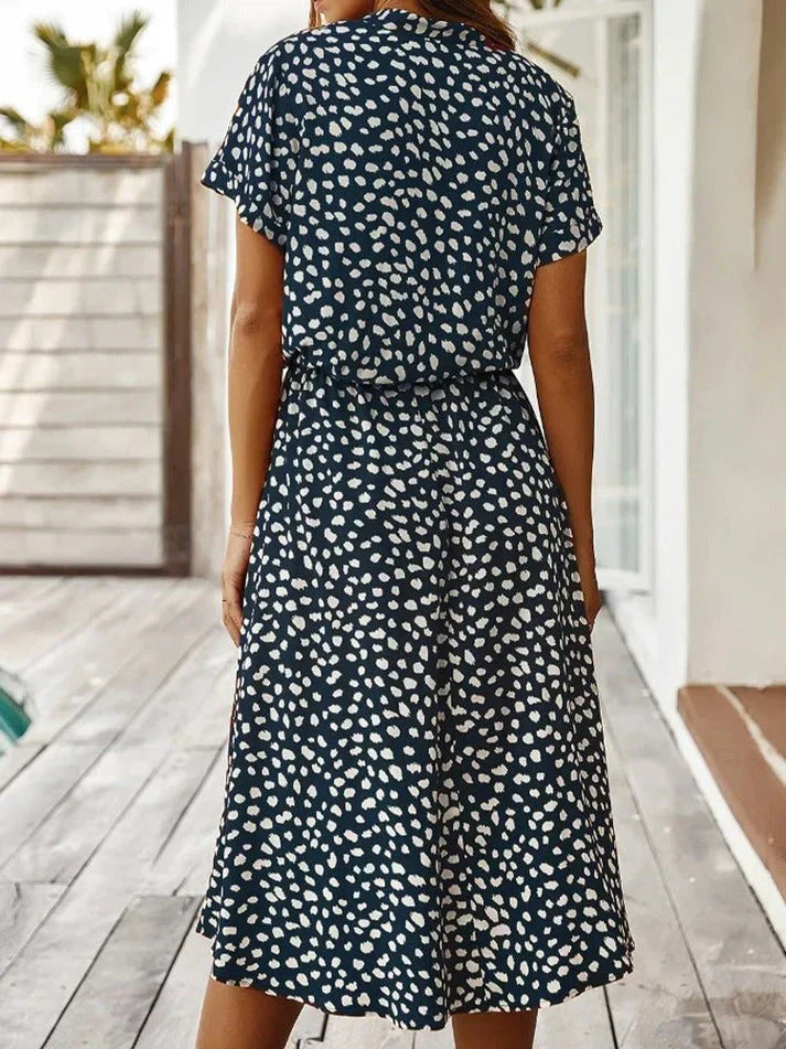 Women's midi dress – relaxed fit – breathable fabric – button placket – short sleeve