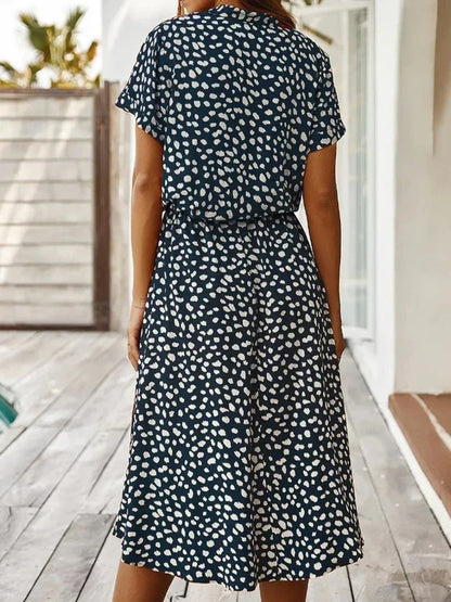 Women's midi dress – relaxed fit – breathable fabric – button placket – short sleeve