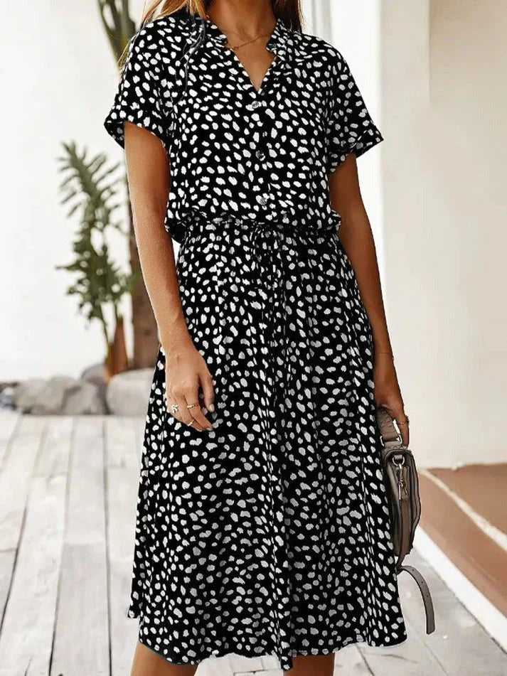 Women's midi dress – relaxed fit – breathable fabric – button placket – short sleeve