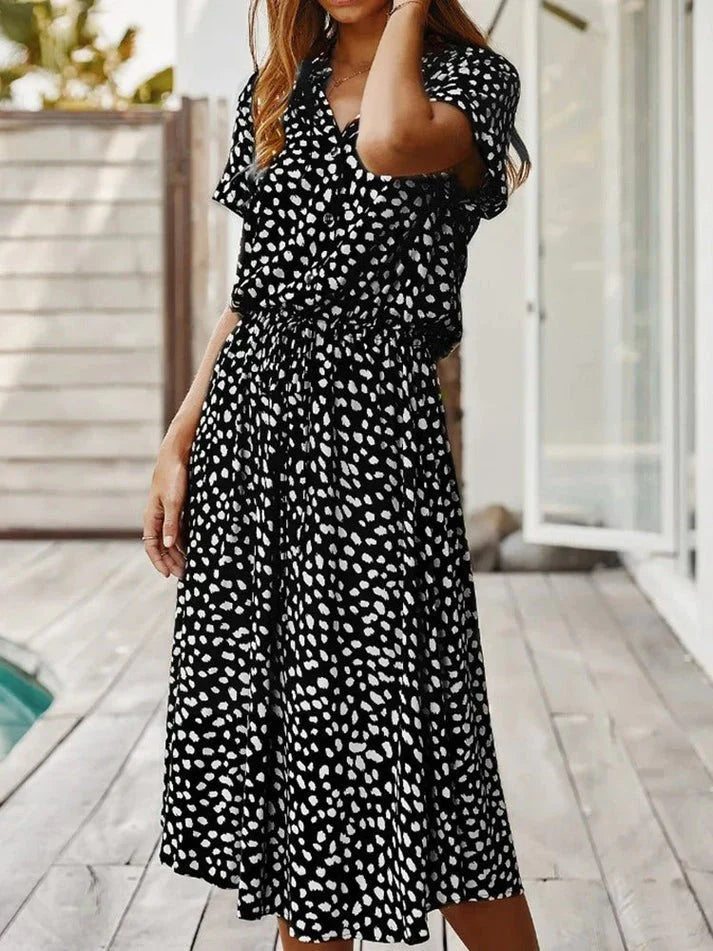 Women's midi dress – relaxed fit – breathable fabric – button placket – short sleeve