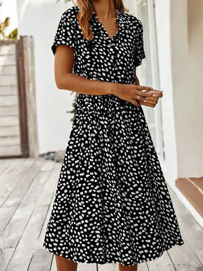 Women's midi dress – relaxed fit – breathable fabric – button placket – short sleeve
