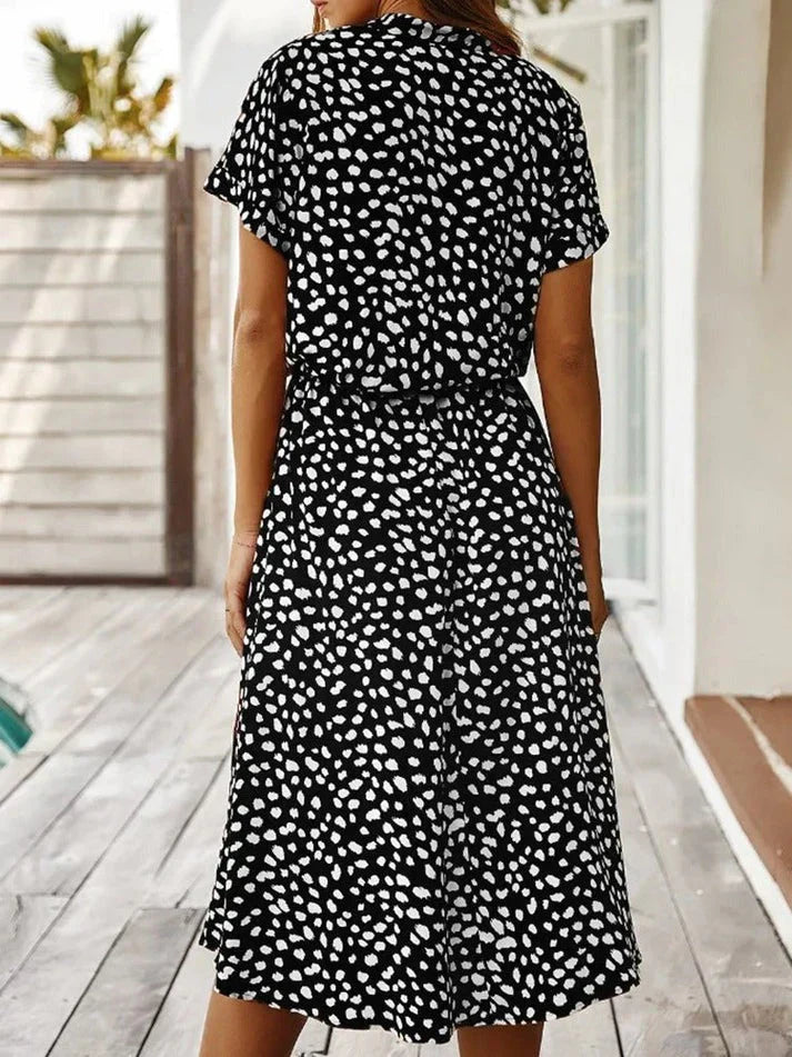 Women's midi dress – relaxed fit – breathable fabric – button placket – short sleeve