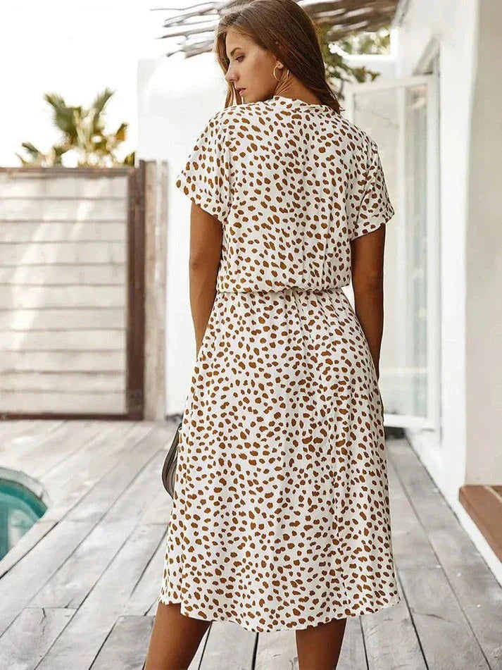 Women's midi dress – relaxed fit – breathable fabric – button placket – short sleeve