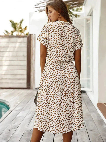 Women's midi dress – relaxed fit – breathable fabric – button placket – short sleeve