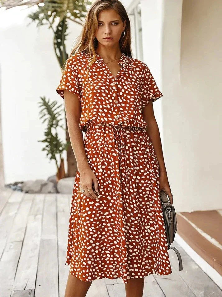 Women's midi dress – relaxed fit – breathable fabric – button placket – short sleeve