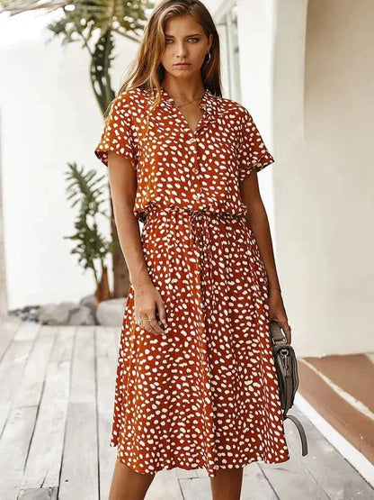 Women's midi dress – relaxed fit – breathable fabric – button placket – short sleeve